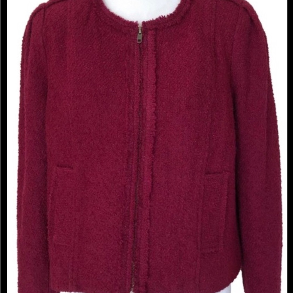 CAbi Burgundy Britt Wool Blend Bouncle Tweed Jacket Blazer Full Zip 14 lined